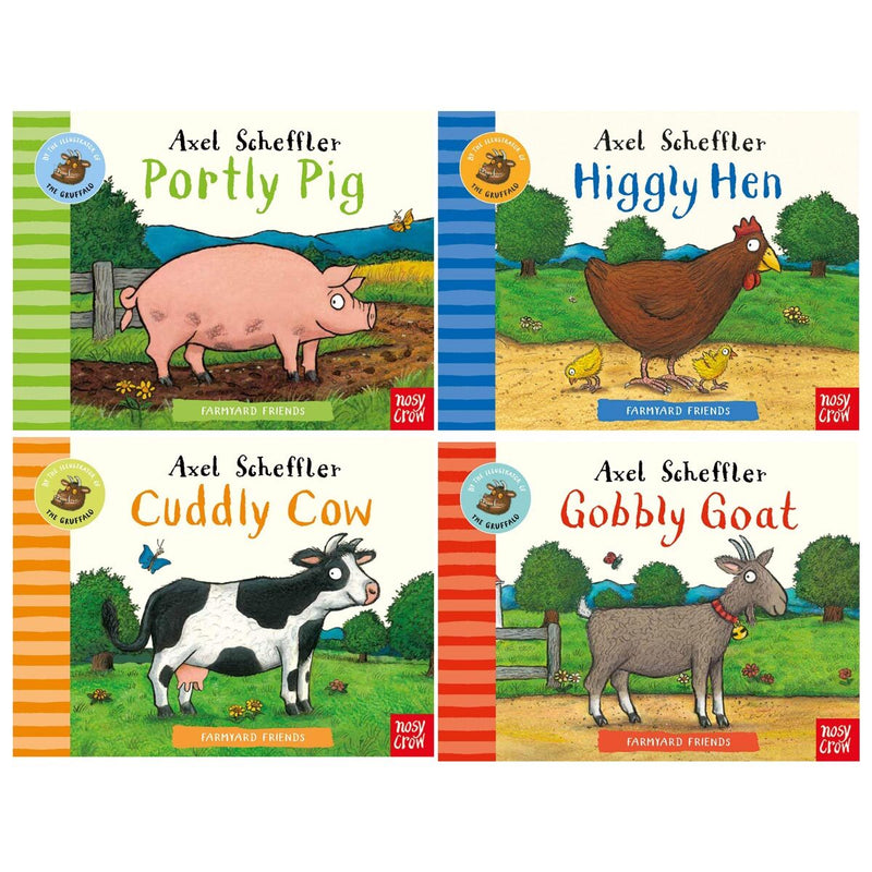 Farmyard Friends Series: 4-Book Collection by Axel Scheffler (Higgly Hen, Portly Pig, Cuddly Cow, Gobbly Goat)