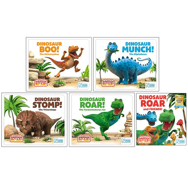 World of Dinosaur Roar Series 1-4 & World Book Day 5 Books Collection Set By Peter Curtis, Jeanne Willis (Roar, Boo, Munch, Stomp & [Paperback] Dinosaur Roar and Friends World Book Day)