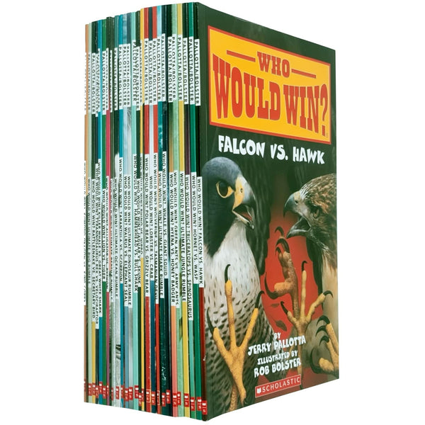 Who Would Win Collection: 26 Books Set by Jerry Pallotta featuring titles like Falcon Vs. Hawk, Hornet Vs. Wasp, Ultimate Jungle Rumble, and more.