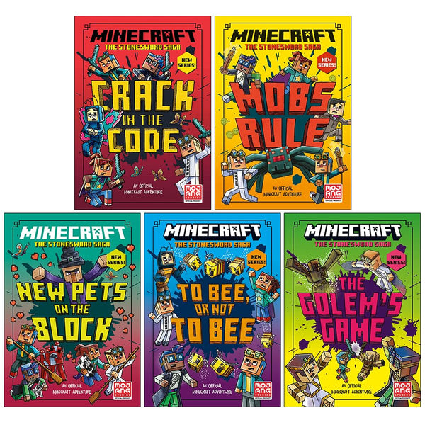 Minecraft Stonesword Saga Series 5 Books Collection Set (Minecraft: Crack in the Code!, Minecraft: Mobs Rule!, Minecraft: New Pets On The Block, To Bee Or Not to Bee! & The Golems Game)