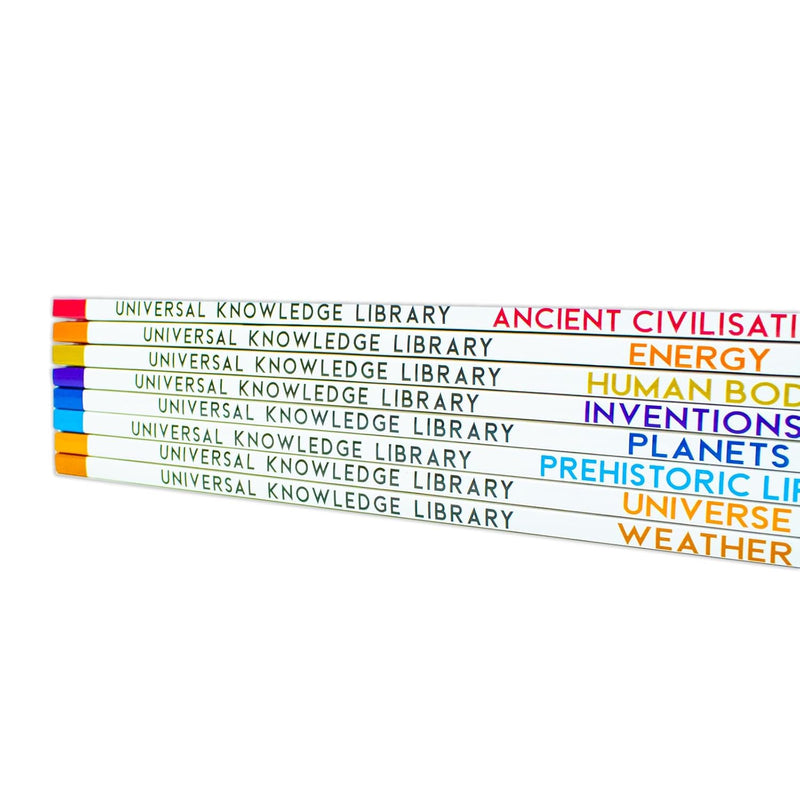 Universal Knowledge Library Science and History 8 Volumes Book Collection Set: (Ancient Civilisations, Inventions, Prehistoric Life, Universe, Energy, Human Body, Planets, Weather)