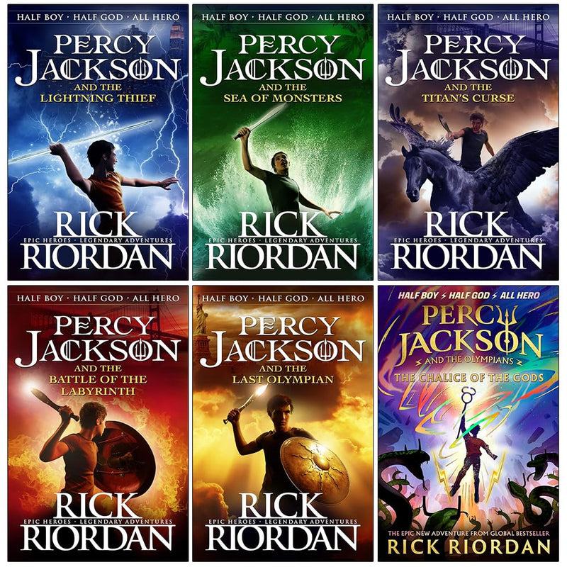 Percy Jackson and the Olympians Collection 6 Books Set By Rick Riordan (The Lightning Thief, Sea of Monsters, Titan's Curse, Battle of the Labyrinth, Last Olympian, The Chalice of the Gods)