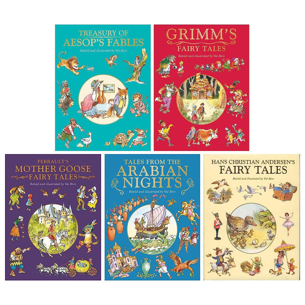 Fairy Tale Treasuries Series by Val Biro 5 Books Collection (Treasury of Aesop&#39;s Fables, Grimm&#39;s Fairy Tales, Charles Perrault&#39;s Mother Goose Fairy Tales, Tales from the Arabian Nights, Hans Christian Andersen&#39;s Fairy Tales)