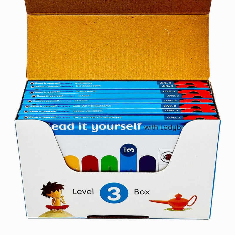 Ladybird Read It Yourself Tuck Box Level 3: 8 Books Box Set (The Elves and the Shoemaker, Hansel and Gretel, Jack and the Beanstalk, Rapunzel, Aladdin, Puss in Boots, The Jungle Book, Thumbelina)