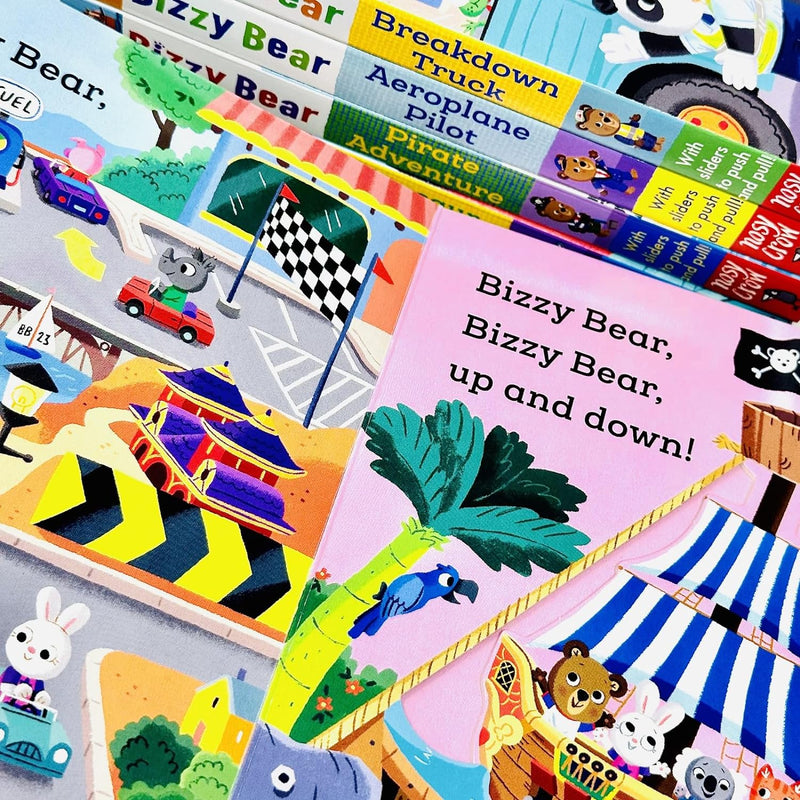 Bizzy Bear Series 5 Books Collection Bundle Set(Fun Park, Breakdown Truck, Aeroplane Pilot, Pirate Adventure & Dinosaur Safari)(With Sliders to Push and Pull!)