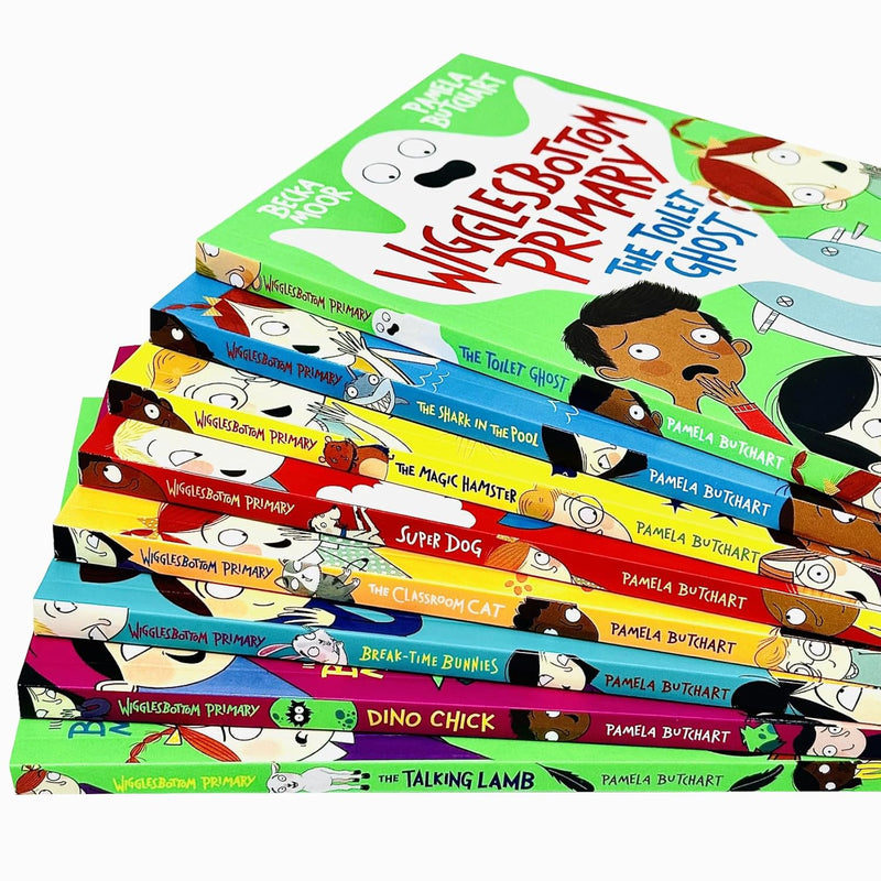 Wigglesbottom Primary Series 8 Books Collection Set By Pamela Butchart (The Toilet Ghost, Shark in the Pool, Magic Hamster, Super Dog, Classroom Cat, Break-Time Bunnies, Dino Chick & Talking Lamb)