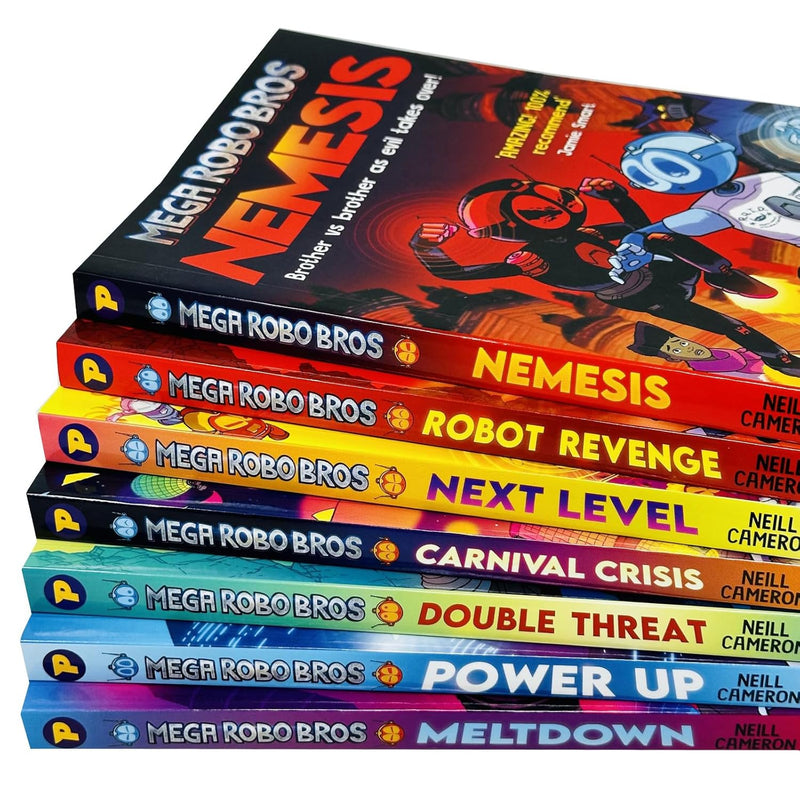 Mega Robo Bros Series Volume 1-7 Books Collection Set By Neill Cameron (Meltdown, Power Up, Double Threat, Carnival Crisis, Next Level, Robot Revenge & Nemesis)