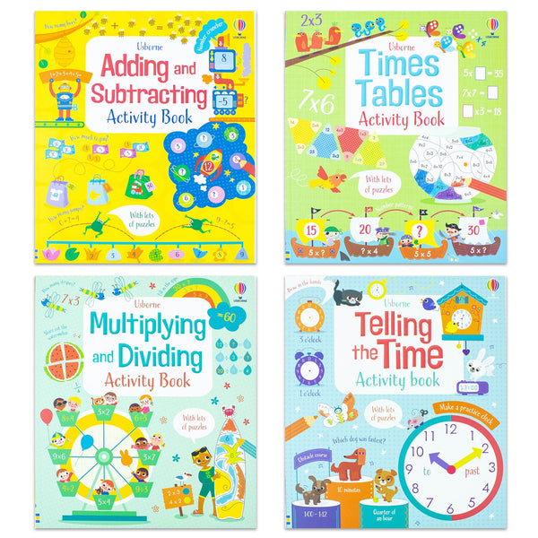 Children's Usborne Educational Workbooks: 4-Book Set (Including Addition & Subtraction, Times Tables, Telling the Time, Multiplying & Dividing)