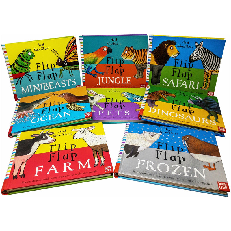 Axel Schefflers Flip Flap Series 8 Books Childrens Collection Set (Dinosaurs, Farm, Frozen, Pets, Ocean, Safari, Jungle, Minibeasts)