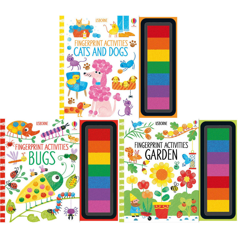 Usborne Fingerprint Activities Series: 3 Books Collection Set - Garden, Cats & Dogs, Bugs