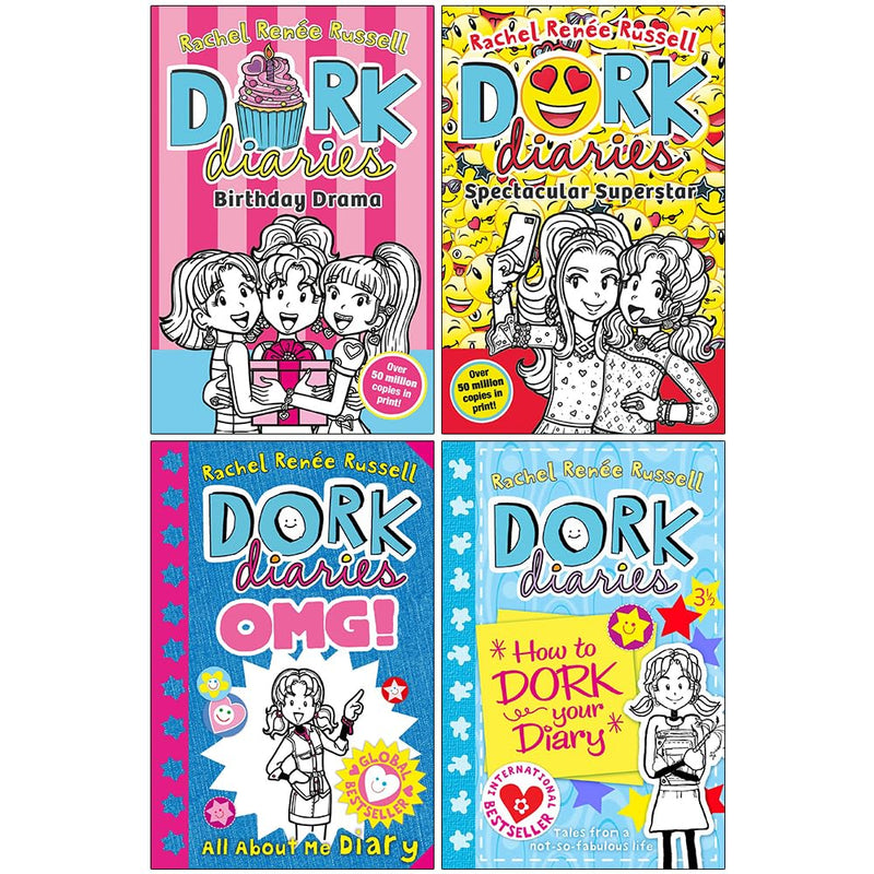 Dork Diaries Series: 4 Books Collection Set by Rachel Renee Russell (Birthday Drama!, Spectacular Superstar, Dork Diaries OMG All About Me Diary, Dork Diaries 3: Half, How to Dork Your Diary)