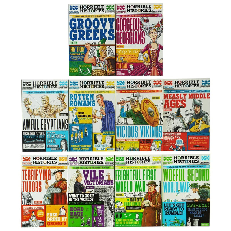 Horrible Histories Savage Collection: 10 Books Set (Awful Egyptians, Rotten Romans, Vicious Vikings, Measly Middle Ages, Terrifying Tudors, Vile Victorians, Frightful First World War & More)