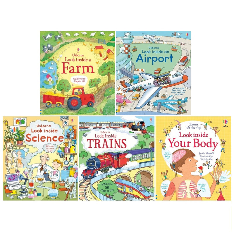 Usborne Lift the Flap Look Inside 5 Books Collection Set (Your Body, Science, Farm, Airport, Trains)