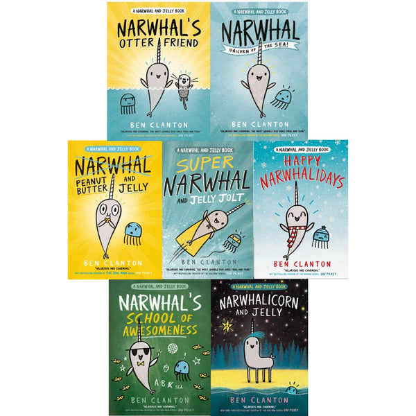 Narwhal and Jelly Series 7 Books Collection Set By Ben Clanton (Otter Friend, Unicorn of the Sea, Super Narwhal and Jelly Jolt, Peanut Butter and Jelly, Happy Narwhalidays, School of Awesomeness)