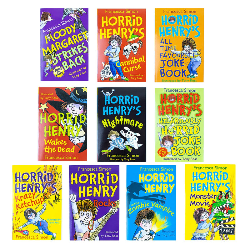 Horrid Henry Francesca Simon 10 Books Collection Set (Moody Margaret Strikes Back,Cannibal Curse,All Time Favourite Joke Book,Wakes The Dead,Nightmare,Horrid Joke Book,Krazy Ketchup & More)