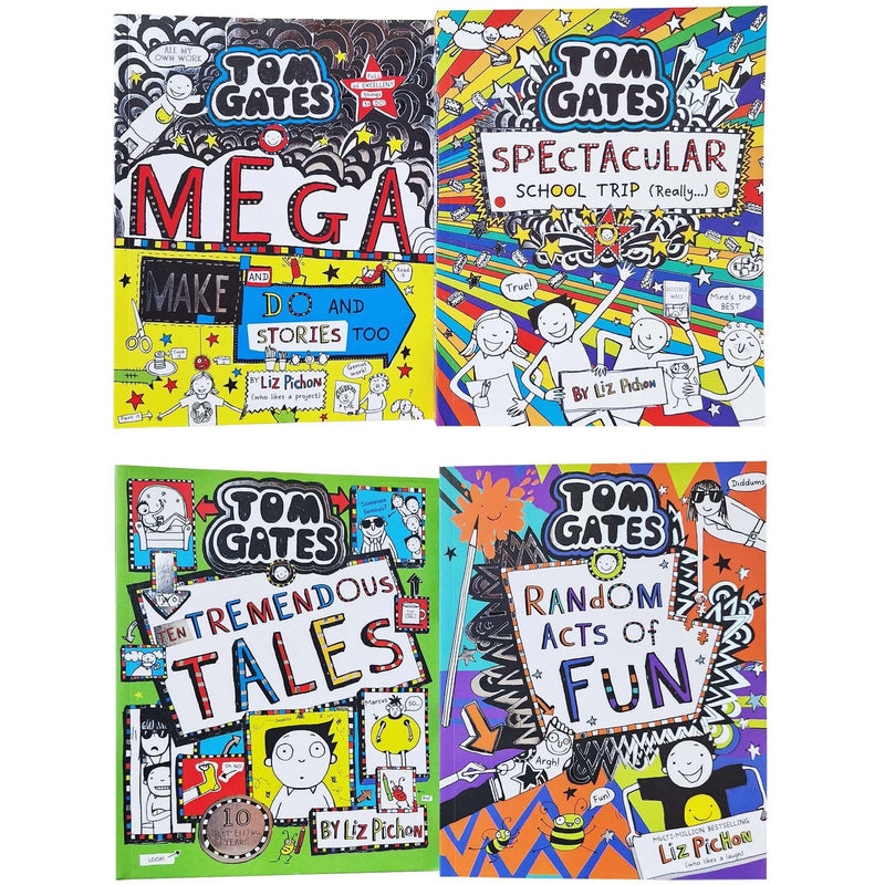 Tom Gates Series: 4-Book Collection (Volumes 16 to 19) (Mega Make and Do and Stories Too!, Spectacular School Trip (Really...), Ten Tremendous Tales, & Random Acts of Fun)