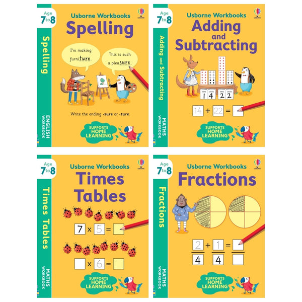 Usborne Workbooks Home Learning Age 7-8 Collection 4 Books Set (Fractions, Times Tables, Adding and Subtracting, Spelling)