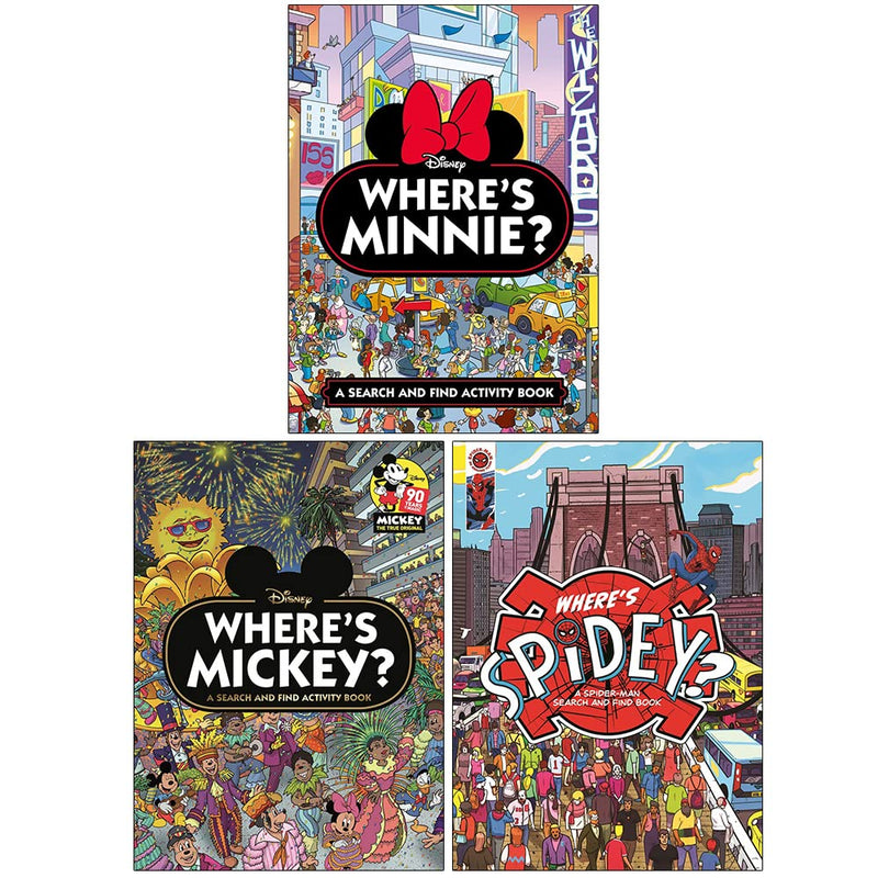 Search and Find Activity Book Collection 3 Books Set (Where's Mickey?, Where's Minnie?, Where's Spidey?)