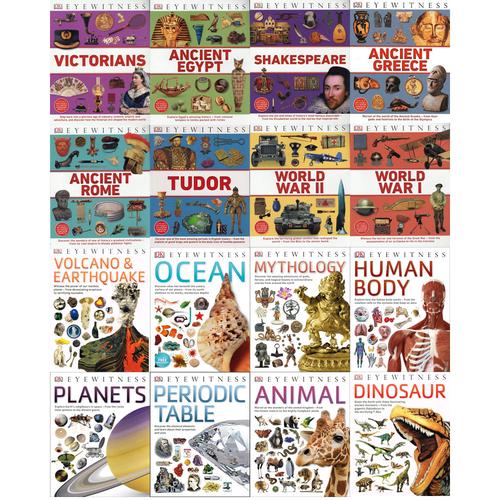 DK Eyewitness Collection – 16 Books Set (Animal, Planets, Periodic Table, Dinosaurs, and More)